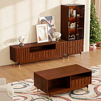 Walnut Finish Entertainment Center for 45/55/65 Inch TV, TV Stand Three-piece Set with Storages