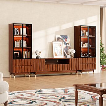 114.2'' Walnut Finish Media Console Set of 3 with Two 3 tier Display Cabinet, Mid-century TV Stand