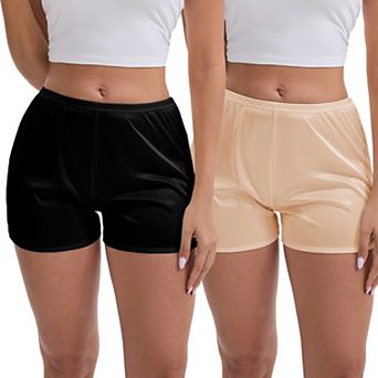 2 Packs Women's Side Slits Ice Silk Knickers Loose Fit Mid-Waisted Full Coverage Solid Slip Shorts