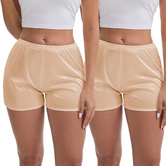2 Packs Women's Side Slits Ice Silk Knickers Loose Fit Mid-Waisted Full Coverage Solid Slip Shorts