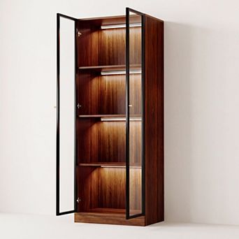 4 tier Display Cabinet with Glass Door and Lights, Mid Century Modern China Cabinet Hutch, Walnut