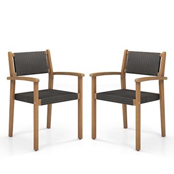 2 pc Wicker Patio Chair Set, Acacia Wood Frame Outdoor Armchairs for Deck and Porch