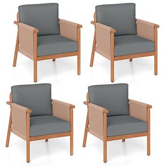 Boho Style Patio Chairs Set of 4, Acacia Wood Frame with Cushions and Rope Details