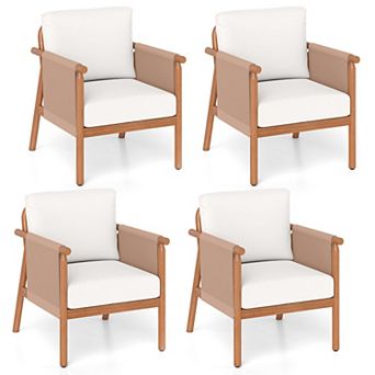Boho Style Patio Chairs Set of 4, Acacia Wood Frame with Cushions and Rope Details