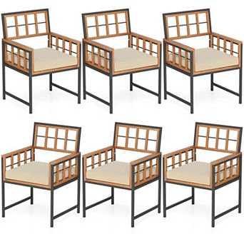 Acacia Wood Patio Chairs Set of 6, Outdoor Armchairs with Cushions for Backyard