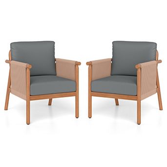 Set of 2 Outdoor Patio Chairs with Cushions Woven Rope Armrests for Porch