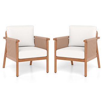 Set of 2 Outdoor Patio Chairs with Cushions Woven Rope Armrests for Porch