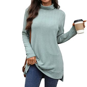 Womens Turtleneck Tunic Tops Long Sleeve Shirts Side Split High Low Hem Tops