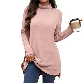 Womens Turtleneck Tunic Tops Long Sleeve Shirts Side Split High Low Hem Tops
