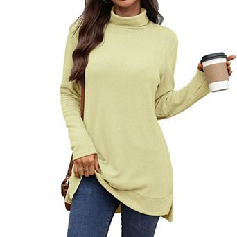 Womens Turtleneck Tunic Tops Long Sleeve Shirts Side Split High Low Hem Tops