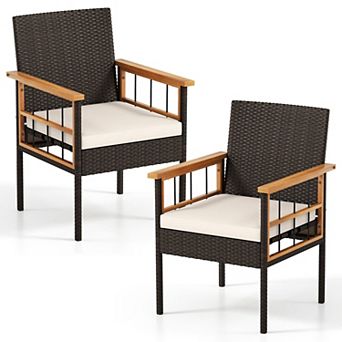 2 pc Outdoor PE Rattan Patio Chairs with Cushions for Porch, Garden and Backyard