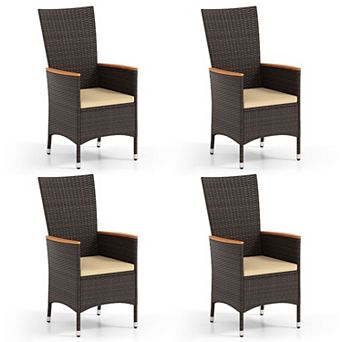 Outdoor Wicker Dining Chairs Set of 4 with Acacia Wood Armrests and Cushions