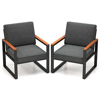 2 pc Outdoor Patio Aluminum Armchairs with Cushions, Wood-Plastic Armrests and Inclined Backrest