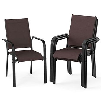 Outdoor Patio Armchairs with Mesh Fabric Seating, Curved Armrests and Stackable Design