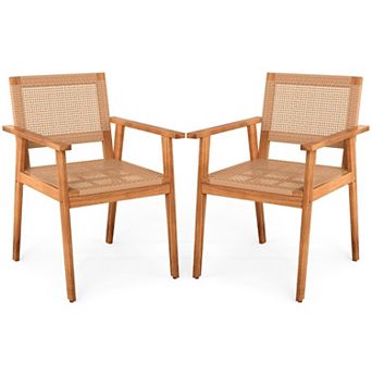 Outdoor Patio Dining Chairs Set of 2 with Wicker Seat and Acacia Wood Frame