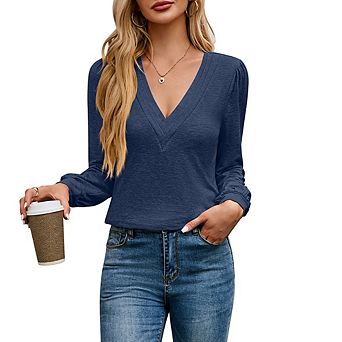 Womens V Neck Long Sleeve Shirts Dressy Casual Trendy Loose Tops Blouse