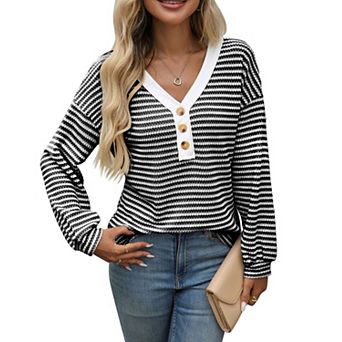 Women's Fall Going Out Striped Henley Shirts V Neck Long Sleeve Knit Tops