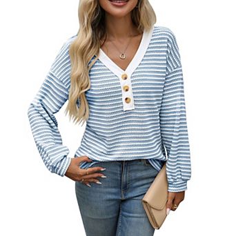 Women's Fall Going Out Striped Henley Shirts V Neck Long Sleeve Knit Tops