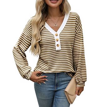 Women's Fall Going Out Striped Henley Shirts V Neck Long Sleeve Knit Tops