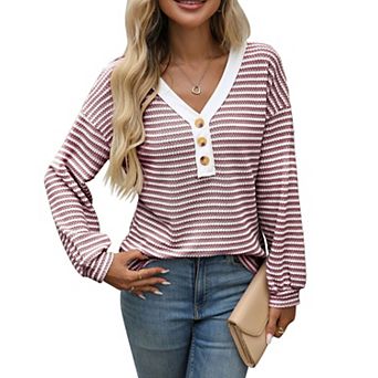 Women's Fall Going Out Striped Henley Shirts V Neck Long Sleeve Knit Tops