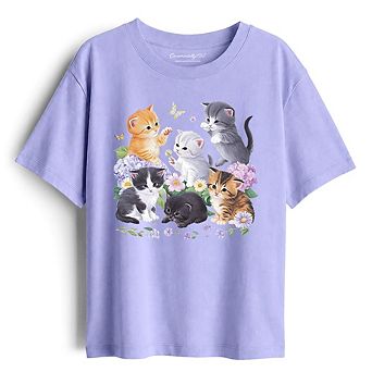 Kids Cute Baby Cats Wildflower T-Shirt, Cottagecore Botanical Cat Youth Tee