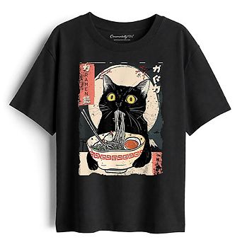 Kids Kawaii Anime Cat Eating Ramen T-Shirt, Noodle Japanese Art Style Tee for Youth