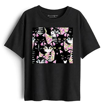 Floral Cat Pattern Kids T-Shirt, Cute Kitten Collage Tee for Youth Girls