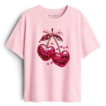 Kids Sequin Pink Cherry Heart Valentine T-Shirt, Mood for Love Coquette Tee for Youth Girls