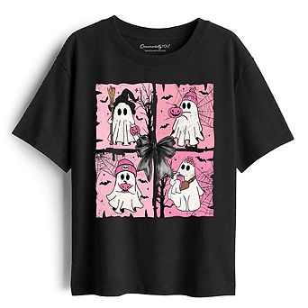 Kids Pink Halloween Ghost T-Shirt, Coquette Spooky Season Tee for Youth