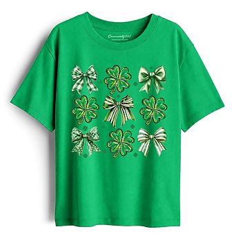 Kids Coquette Clover Bows St Patrick's Day T-Shirt, Green Irish Lucky Shamrock Tee for Youth