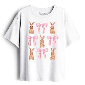 Kids Coquette Bunny Pink Bow Easter T-Shirt, Cute Girly Bunny Spring Tee for Youth