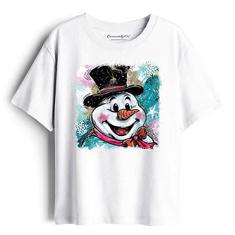 Kids Brushstroke Cute Snowman T-Shirt, Preppy Youth Merry Christmas Glitter Holiday Tee