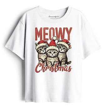 Kids Cute Meowy Christmas T-Shirt, Baby Cat In Santa Hat Holiday Youth Tee