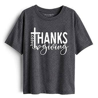 Kids Happy Thanksgiving Minimalist T-Shirt, Christian Religious Fall Tee for Youth