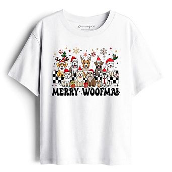 Kids Merry Woofmas Dog T-Shirt, Dogs With Santa Hats Christmas Youth Tee