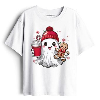 Kids Cute Ghost Christmas T-Shirt, Adorable Gingerbread and Cocoa Holiday Youth Tee