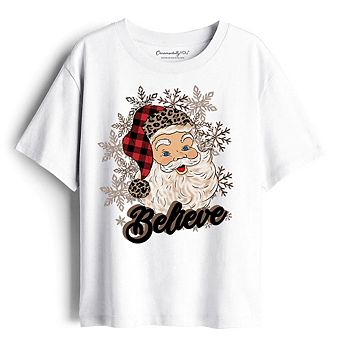 Kids Believe Santa Buffalo Plaid T-Shirt, Retro Christmas Youth Tee