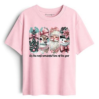 Kids Coquette Pink Christmas T-Shirt Wonderful Time Vintage Tree Reindeer Santa Snowman Youth Tee