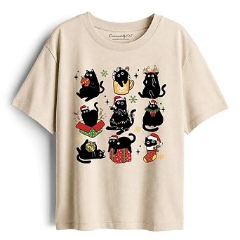 Kids Christmas Black Cats T-Shirt, Whimsical Cats with Santa Hat Youth Tee