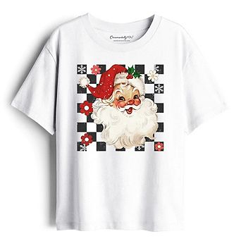 Kids Checkered Santa Claus Vintage T-Shirt, Retro Merry Christmas Youth Tee
