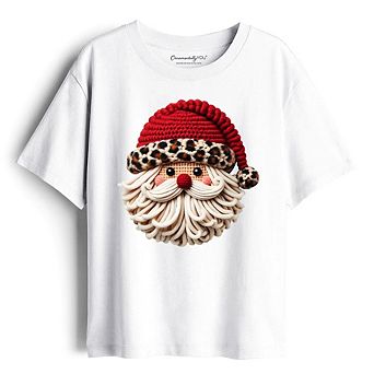 Kids Santa Leopard Hat Christmas T-Shirt, Imitation Latch Hook Yarn Cozy Youth Tee