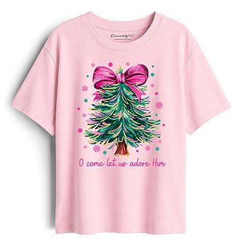 Kids Glitter Christmas Tree Coquette Bow T-Shirt, O Come Let Us Adore Him Holiday Youth Tee