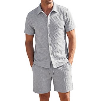 Men's 2 pc Set Outfits Jacquard Textured Shirt and Shorts