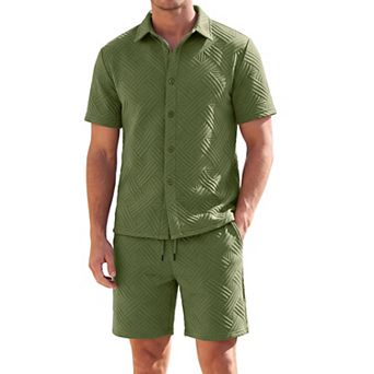 Men's 2 pc Set Outfits Jacquard Textured Shirt and Shorts