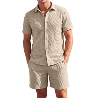 Men's 2 pc Set Outfits Jacquard Textured Shirt and Shorts
