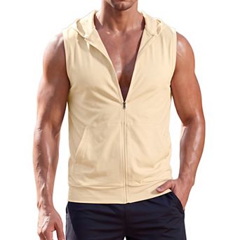Men's Hooded Tank Top Zip Up Gym Muscle Workout Sleeveless Tee