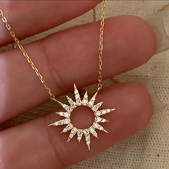 S925 Sterling Silver Paved CZ Sunburst Pendant Dainty Clavicle Necklace for Women