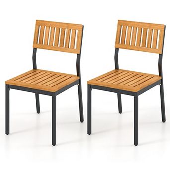 Acacia Wood Dining Chairs Set of 2 Metal Frame Slatted Seat Indoor Outdoor Armless Chairs Patio