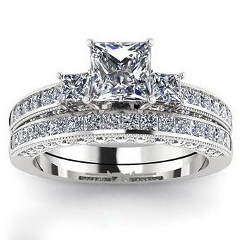 Princess Cut Cubic Zirconia 2 pc Bridal Ring Set Stackable Engagement Wedding Bands for Women