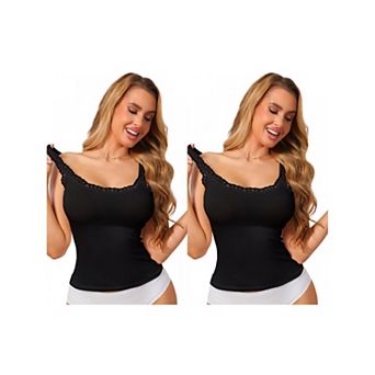 2 Packs Women's Slim-Fit Lace Trim Camisoles Ribbed U Neck Tank Top